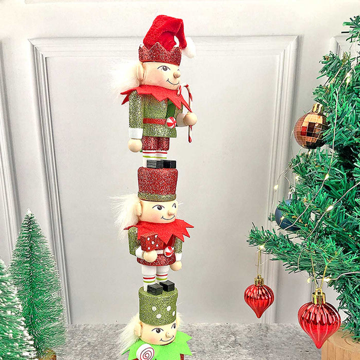 Three Tier Stacked Elves Wooden Decor For Christmas Table Decoration
