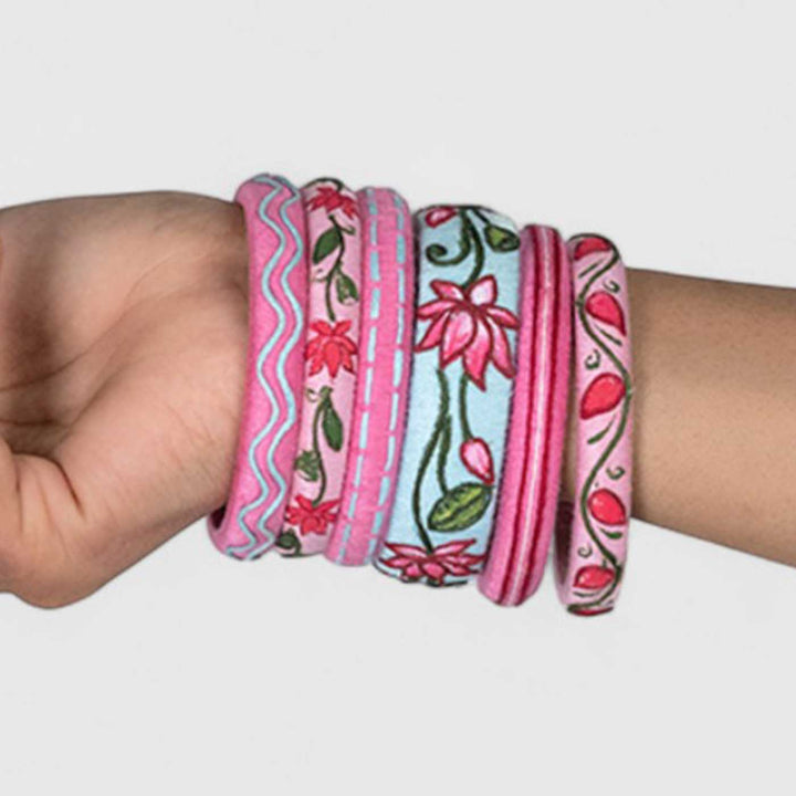 Blue & Pink Handcrafted Lotus Bangles | Set of 6
