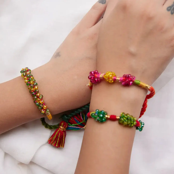 3 pc Rakhi + Brass Thali Set | Premium Khalbali Beaded Rakhi Set with Roli Chawal