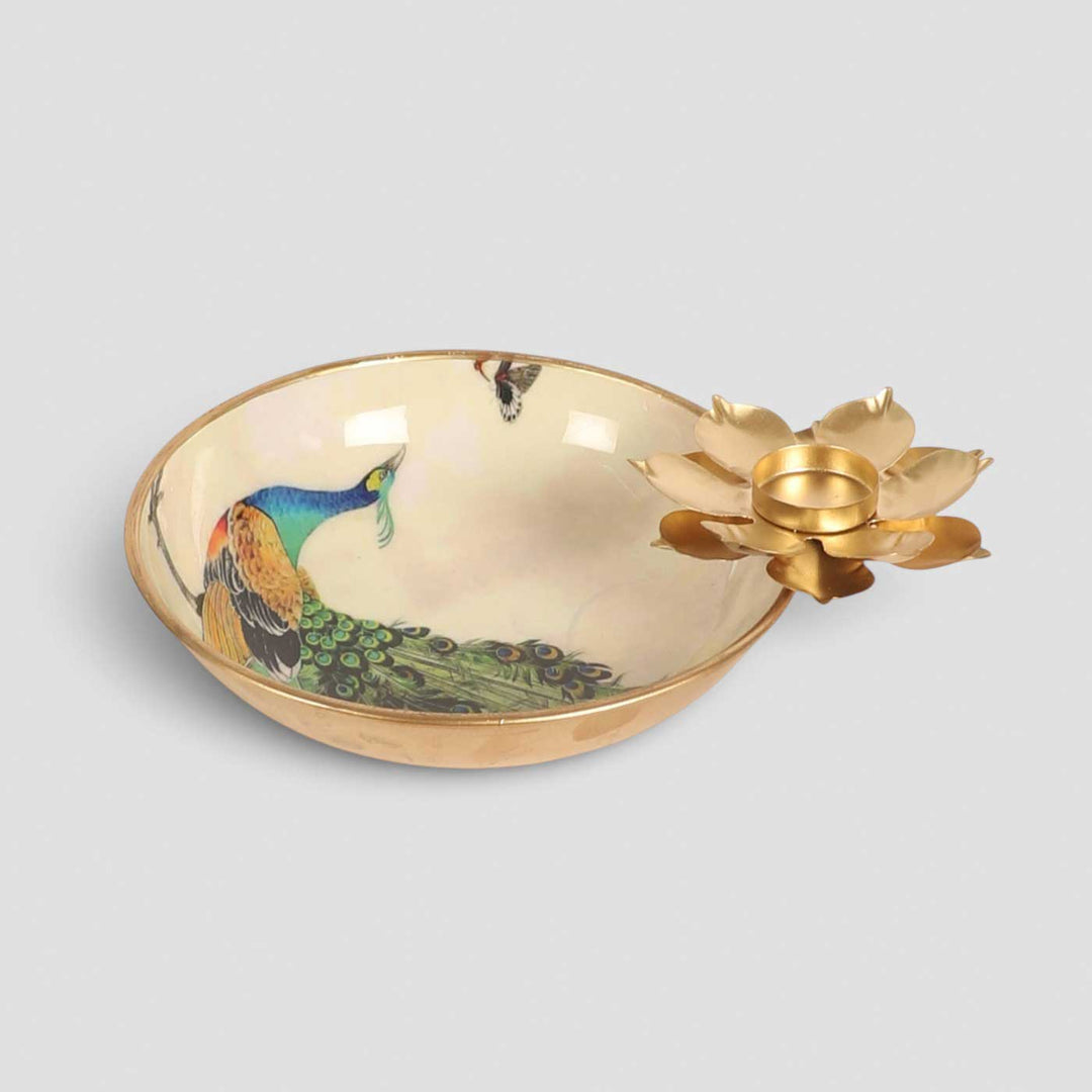Handmade Green Meena Enamel Peacock Urli With Floral Tealight Holder For Festive Decor
