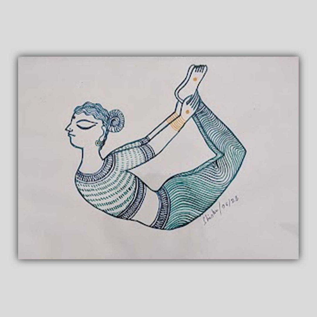 6 x 9 Inch | Dhanurasan Yoga Pose | Minimalist Black & White Mudhubani Style Line Drawing With Frame