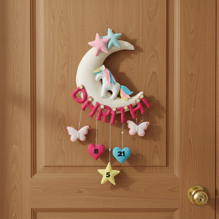 Hand-stitched Unicorn Themed Felt Moon Nameplate with Birthdate