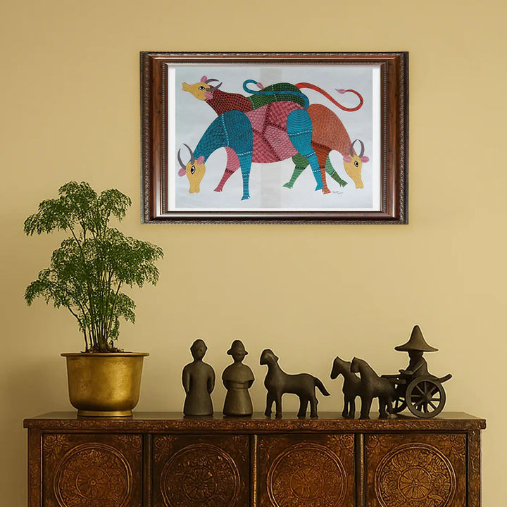 15 x 22 Inch | Group of Cows | Original Hand Painted Tribal Gond Art Painting | Acrylic Paints On Paper