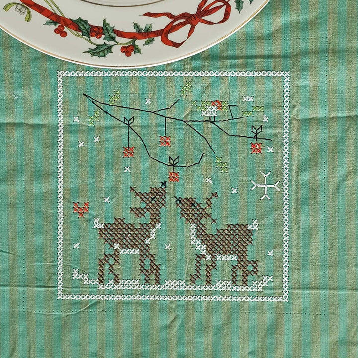 Handmade Lace Embroidered Reindeer Tales Green Table Runner