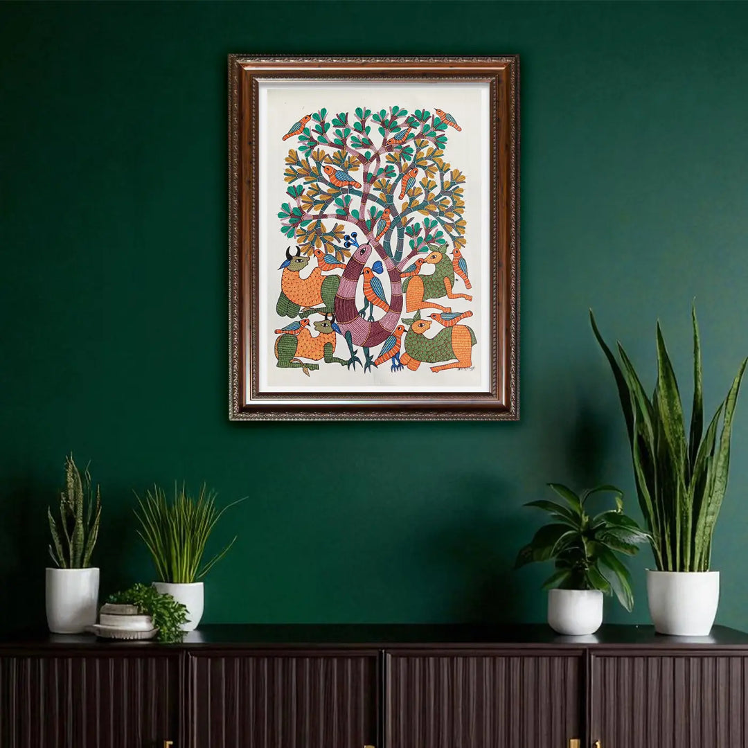 24 x 36 Inch | Tree of Coexistence | Original Hand Painted Tribal Gond Art Painting | Acrylic Paint On Canvas