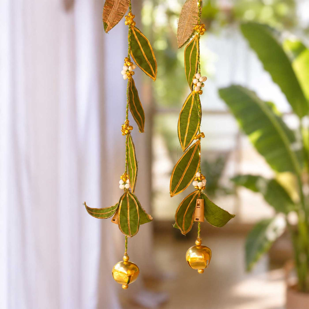 Handmade Mango Leaf Aam Patta Silk Wall Hanging String With LED Lights, Ghungroo Bells & Lace