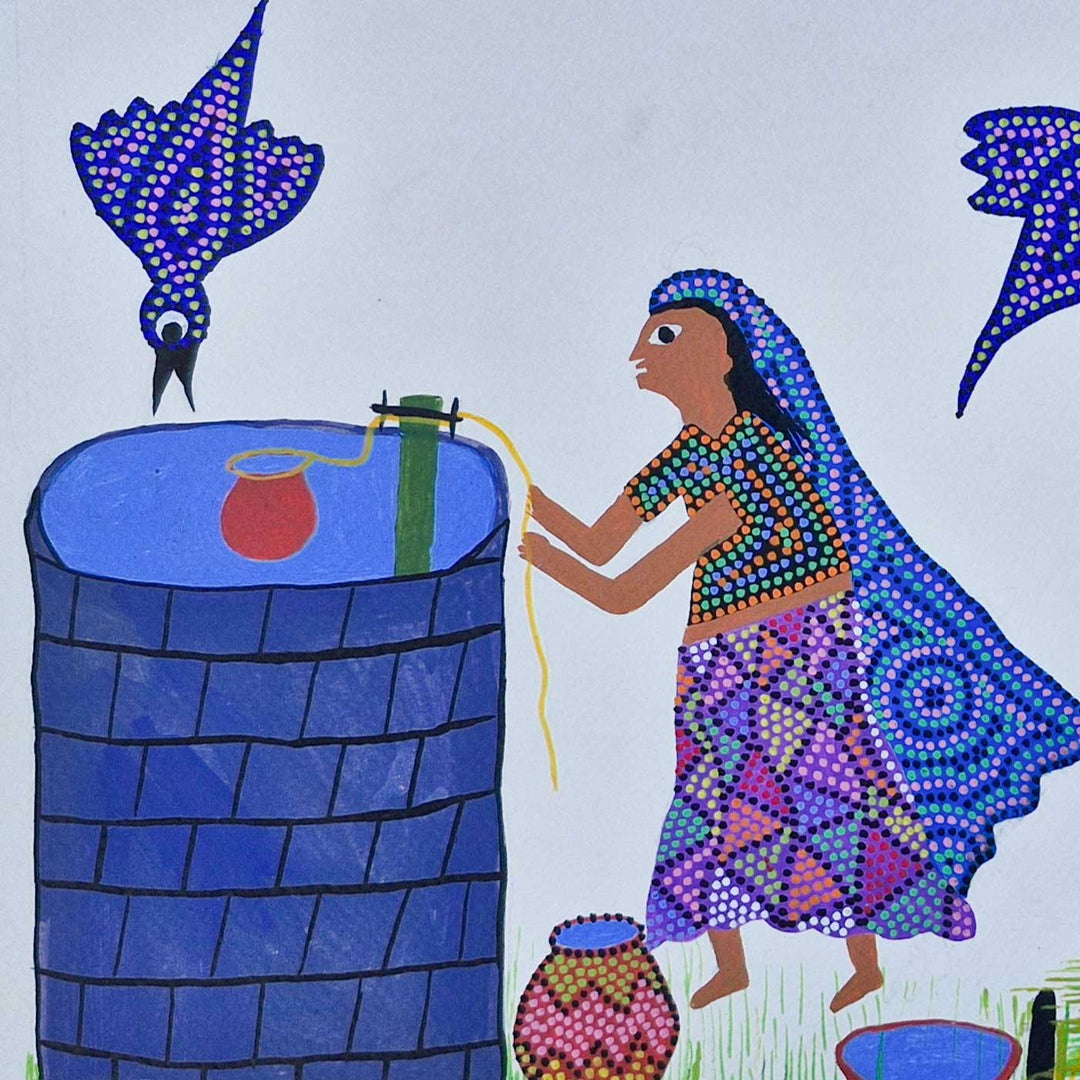 11 x 15 Inch | Morning at the Village Well | Original Hand Painted Bhill Painting | Acrylic Paints On Paper