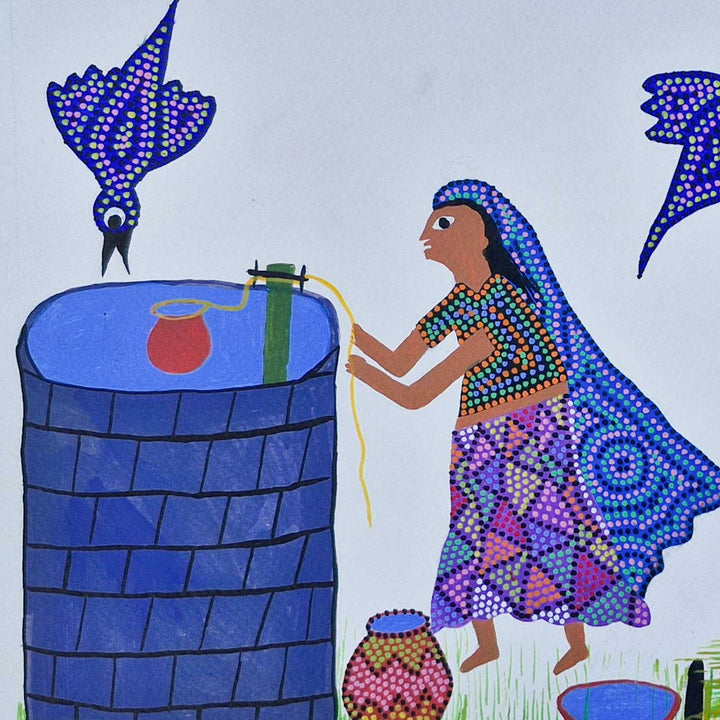 11 x 15 Inch | Morning at the Village Well | Original Hand Painted Bhill Painting | Acrylic Paints On Paper