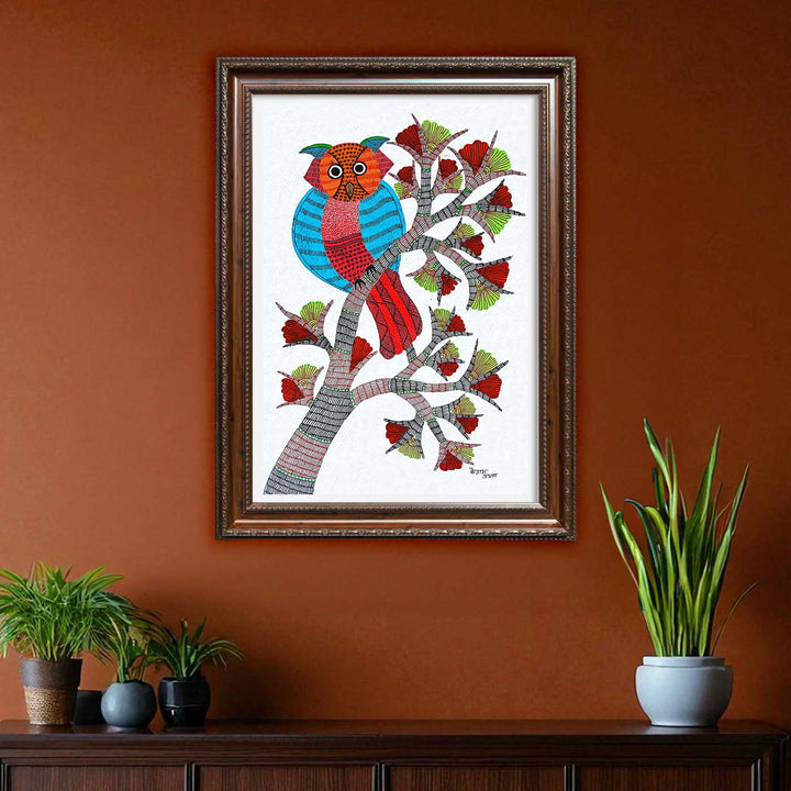 11 x 15 Inch | Owl on a Branch | Original Hand painted Tribal Gond Art Painting | Acrylic Paints On Paper