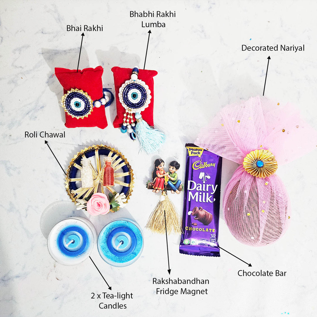 Handmade Beaded Blue Evil Eye Rakhi & Lumba Gift Set For Bhaiya Bhabhi | Set of 2