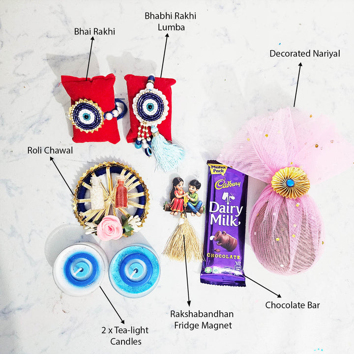 Handmade Beaded Blue Evil Eye Rakhi & Lumba Gift Set For Bhaiya Bhabhi | Set of 2