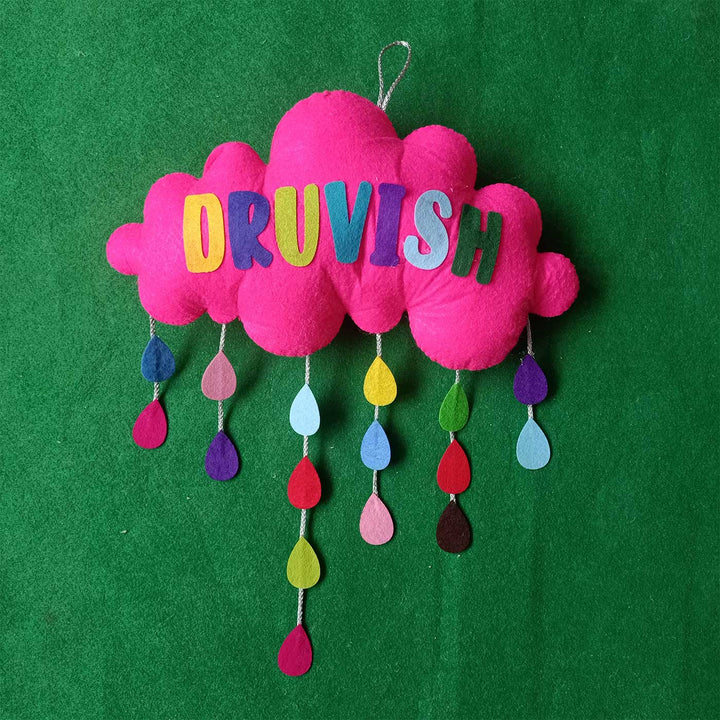 Personalized Handmade Cloud with Raindrops Felt Kids Name Plate