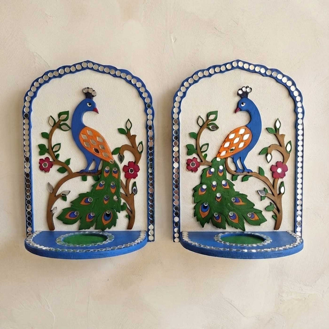 2 pc | Handcrafted Peacock Mirror Work MDF Tealight Holders For Festive Decor