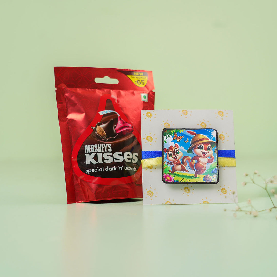 Squirrel Twins Reusable Mdf Wood Rakhi With Roli Chawal For Siblings - Gift Packaging with Chocolate