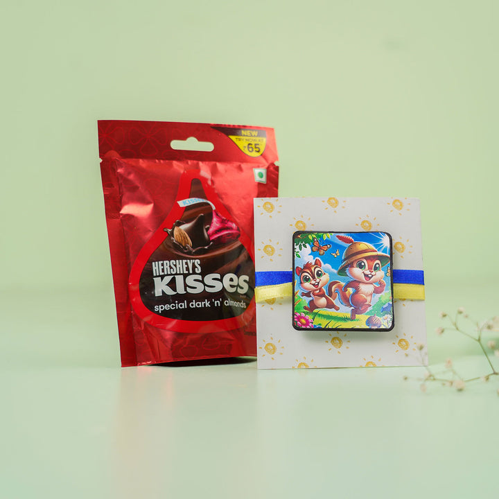 Squirrel Twins Reusable Mdf Wood Rakhi With Roli Chawal For Siblings - Gift Packaging with Chocolate