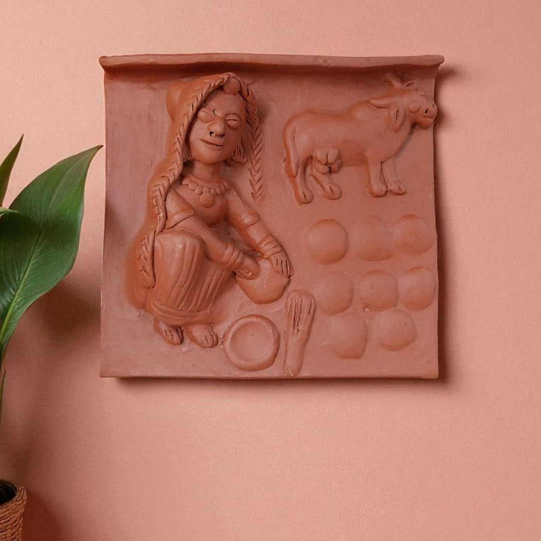 9 x 9 Inch | Women & Cow Dungs | 3D Handmade Terracotta Molela Mural Wall Art Tile