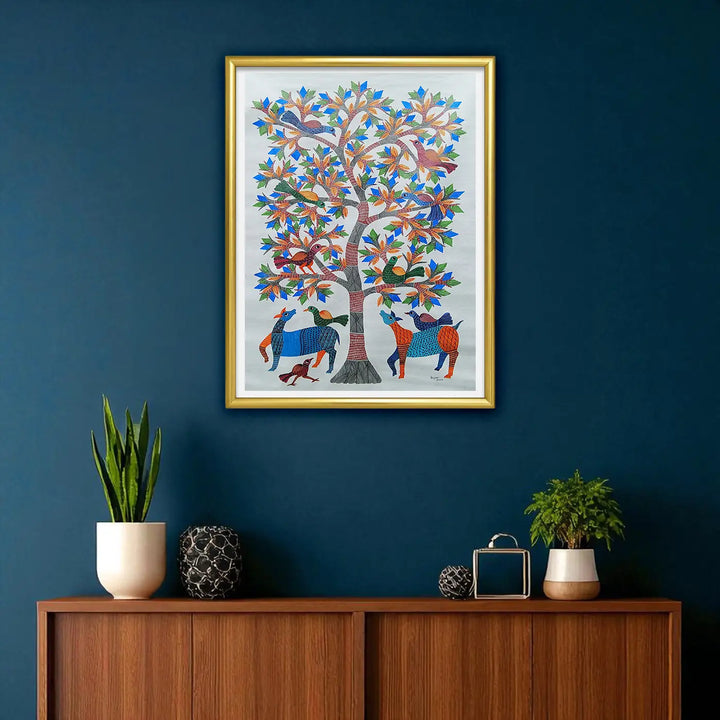 24 x 36 Inch | Tree Of Life With Birds | Original Hand painted Tribal Gond Art Painting | Acrylic Paints On Canvas