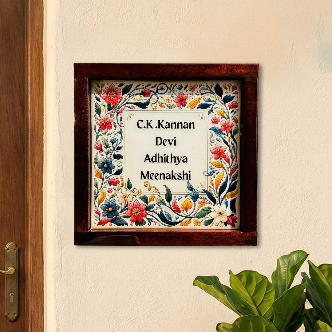 Personalized Floral Theme Resin Name Plate With Teak Wood Frame