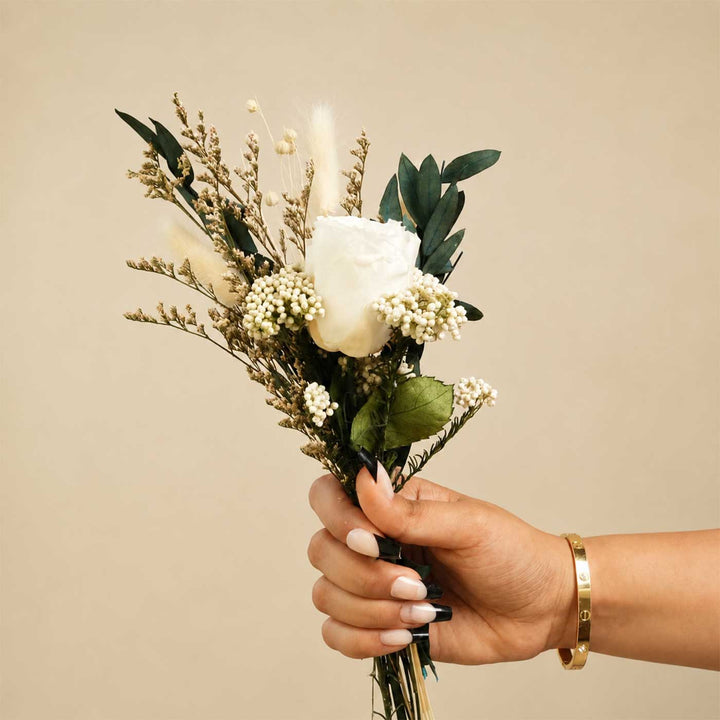 Snow Petal Real White Rose With Dried Flower Bouquet
