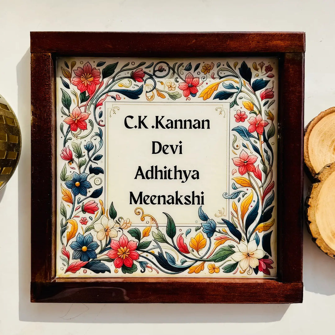 Personalized Floral Theme Resin Name Plate With Teak Wood Frame