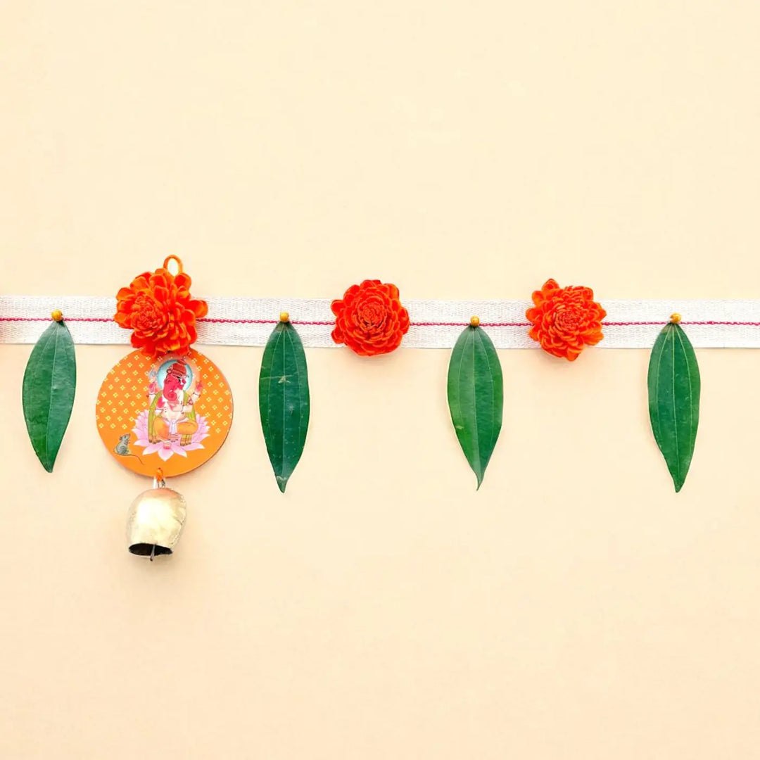 Handmade Orange Ganesha Motif Shola Flower Toran