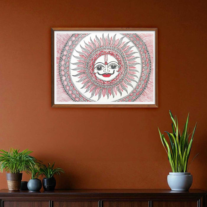 11 x 8 Inch | The Radiant Guardian Sun | Original Hand Painted Madhubani Painting | Nib Ink On Paper