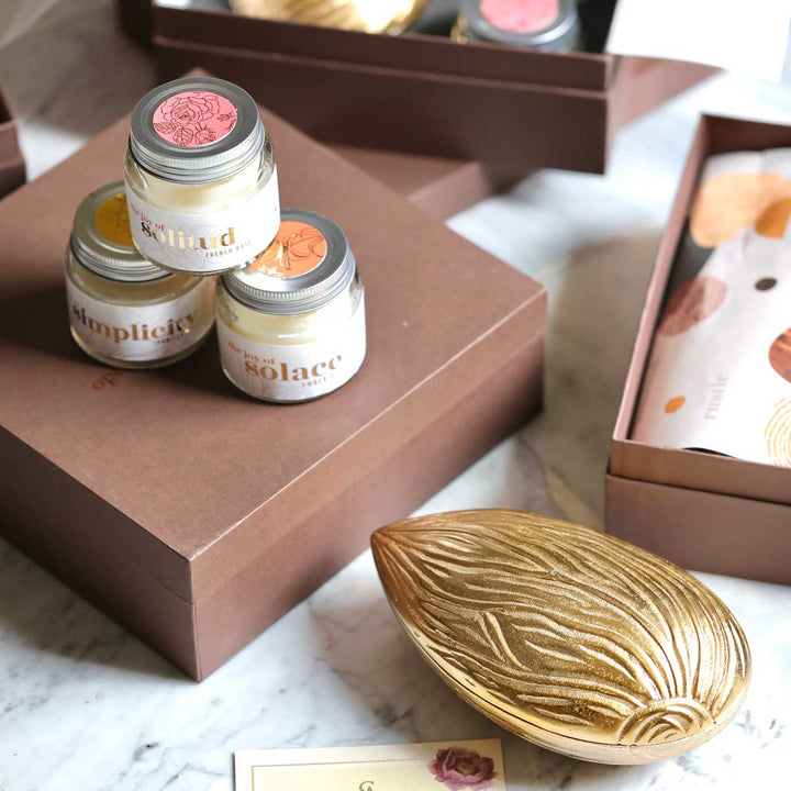 Handmade Charming Metal & Glass Gift Hamper | Includes 1 Almond Shape Box, 3 Candles