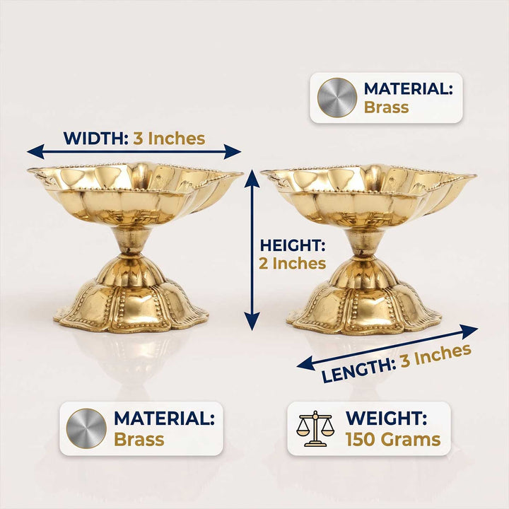 2 pc | Flower Shaped Brass Oil Lamp With Stand For Festive Decor