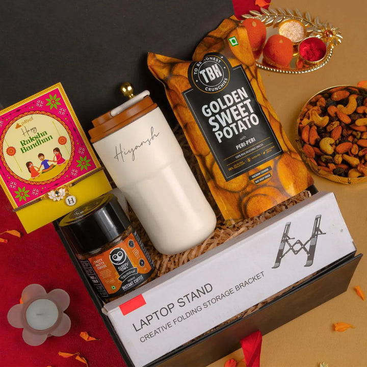 Personalized Cool Bro Rakhi Hamper | Includes 1 Mug, 1 Laptop Stand, 1 Coffee Powder, 1 Munchies & 1 Rakhi