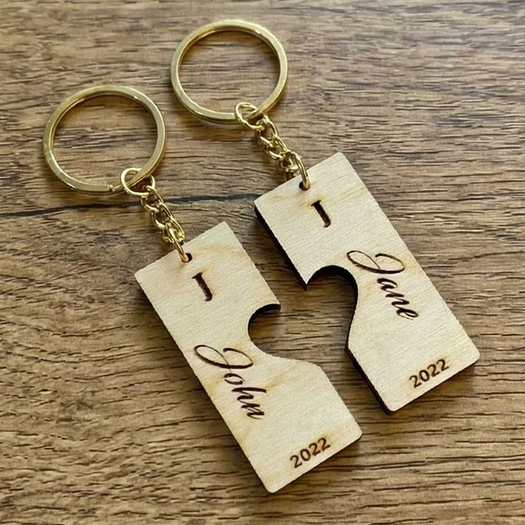 2 Pc | Heart Shaped Personalized Birchwood Keychain For Couple