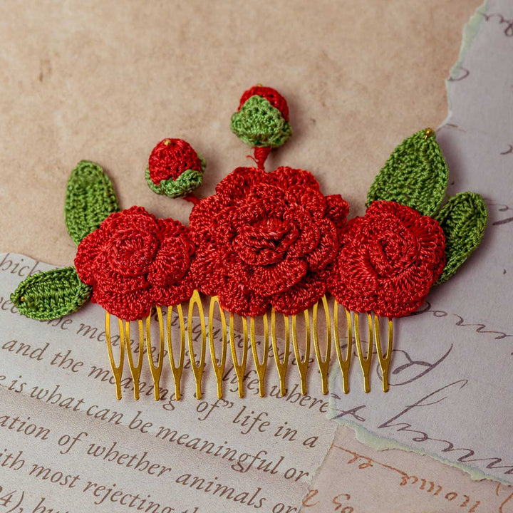 Handmade Crochet Guncha Red Camelias Hair Comb Pin