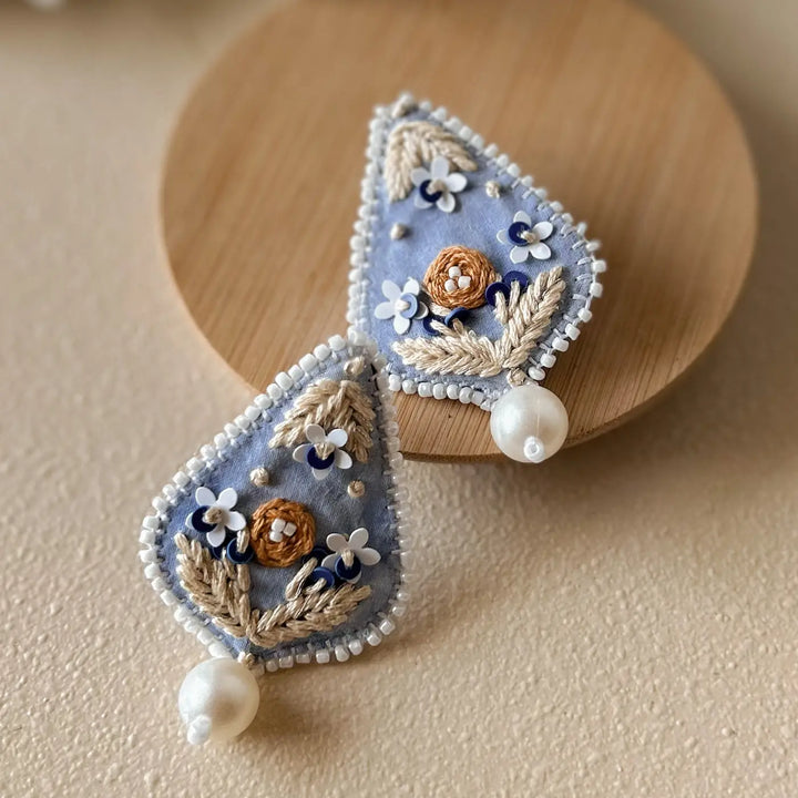 Hand Embroidered Beaded Light Blue Drop-Shaped With Pearl Drop Cotton Earrings