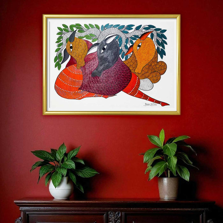 11 x 15 Inch | In the Shade of the Tree | Original Hand Painted Tribal Gond Art Painting | Acrylic Paints On Paper