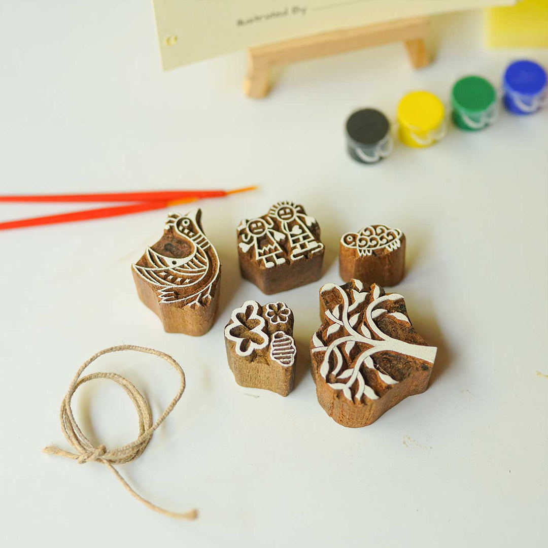 Talkative Turtle Panchatantra Block Printing DIY Kit | 5 Stamps, Poster Colours, Painting Brush, Printing Pads, Story Cards  And Jute String