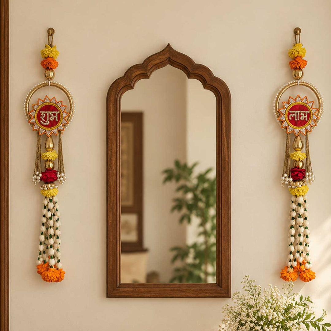 2 Pc | Handmade Shubh Labh Sola Wood Flower Wall Hangings With Pearl Ring & Jasmine Bud Strands