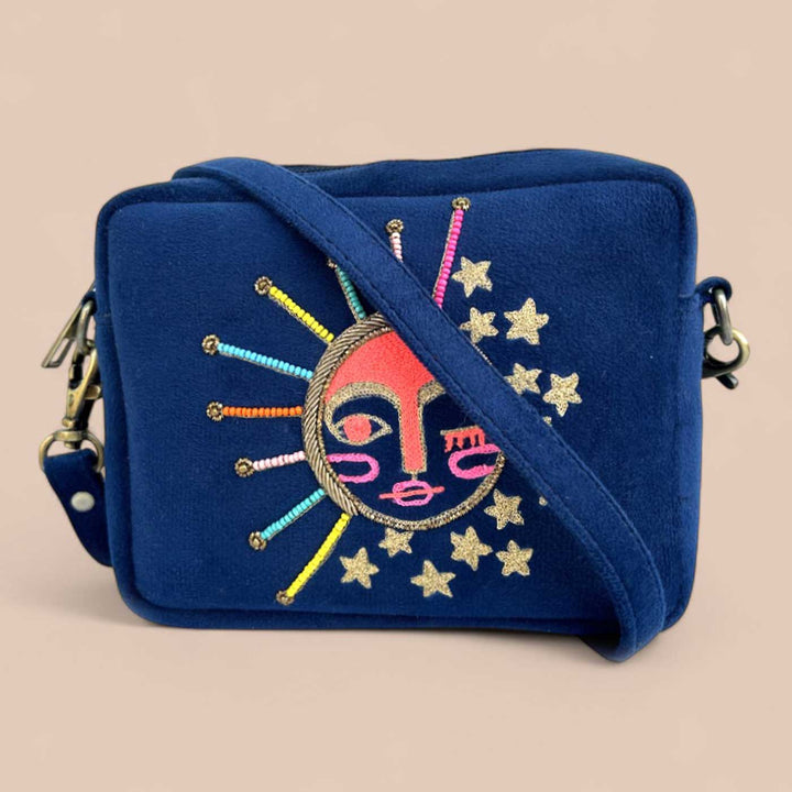 Handmade Embroidered Sunshine Design Blue Velvet Sling Bag