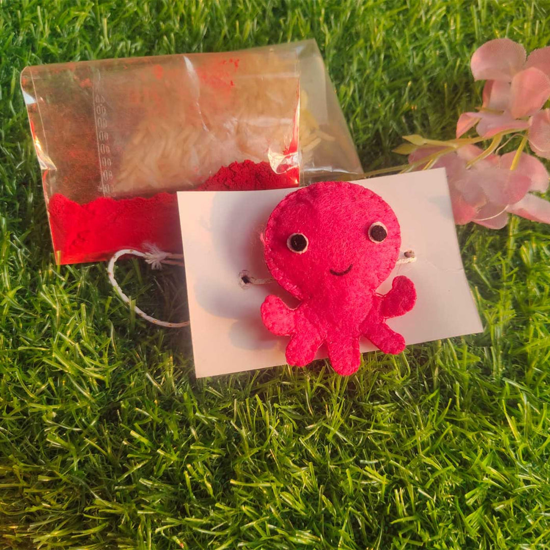 Customized Handmade Beaded Octopus Theme Felt Rakhi With Roli Chawal For Kids - Red Octopus with Powder Packet
