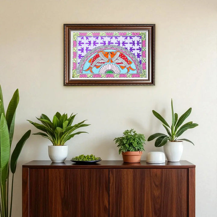 8 x 5 Inch | Duo Fish & Lotus | Original Hand Painted Madhubani Painting On Paper