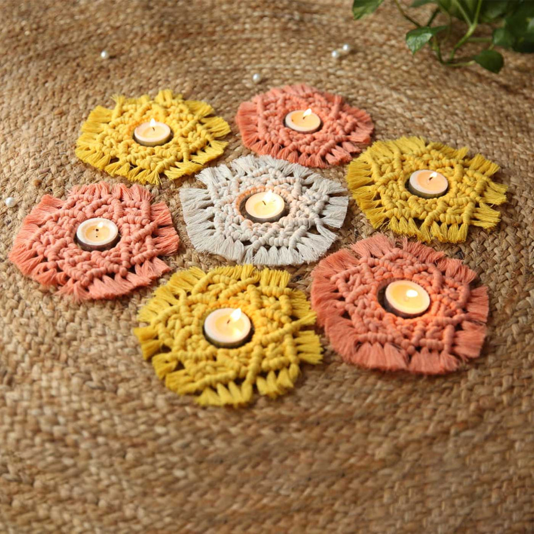 Handmade Macrame Rangoli Design Cotton Tealight Holder | Includes 7 Holders And 10 Tea Light Candles