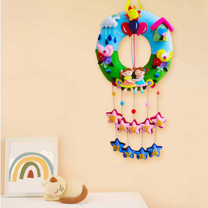 Personalized Multicolour Birds Theme Felt Kids Name Plate For Siblings