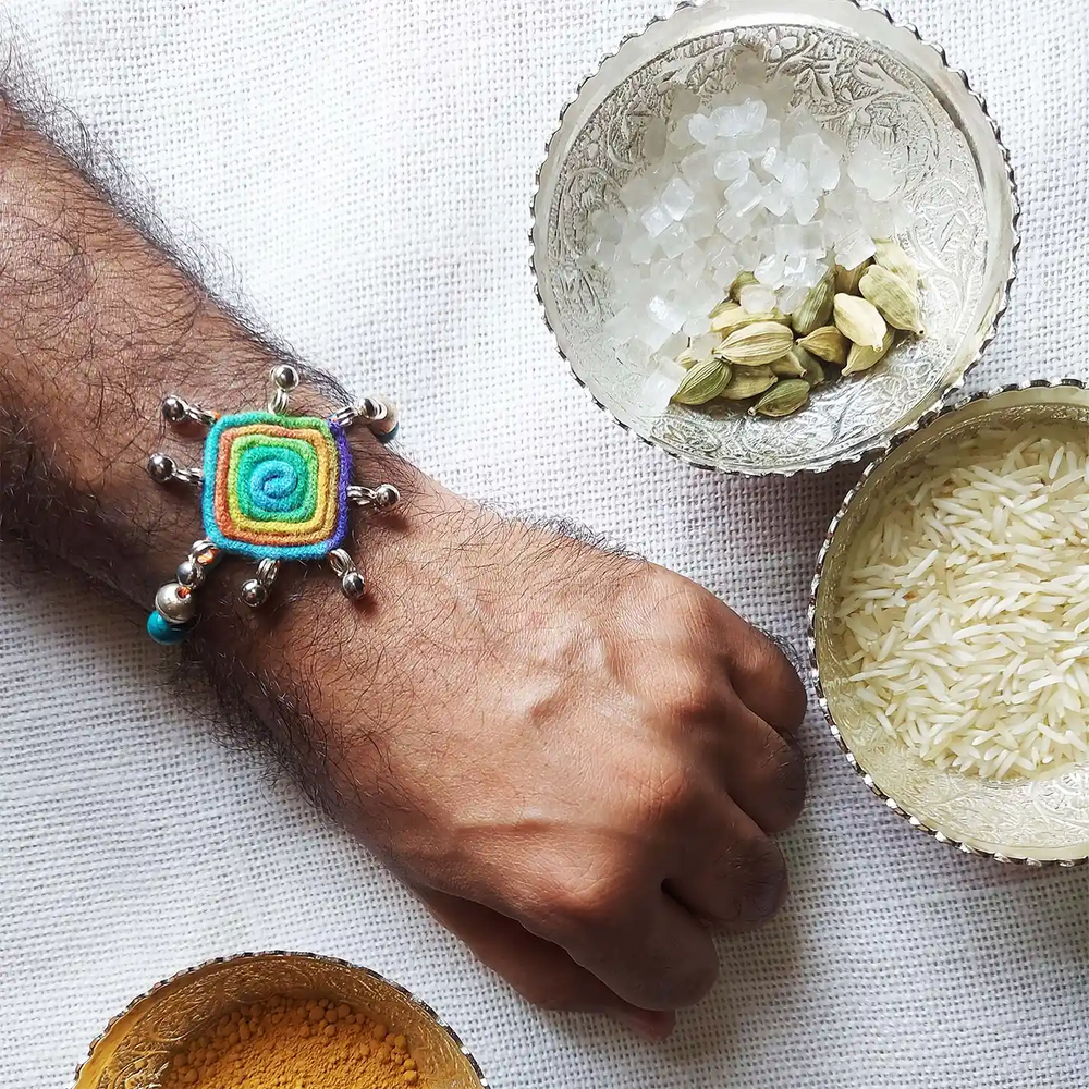 Handmade Dori Work Beaded Multicolor Rakhi With Roli Chawal - Worn on Wrist Model