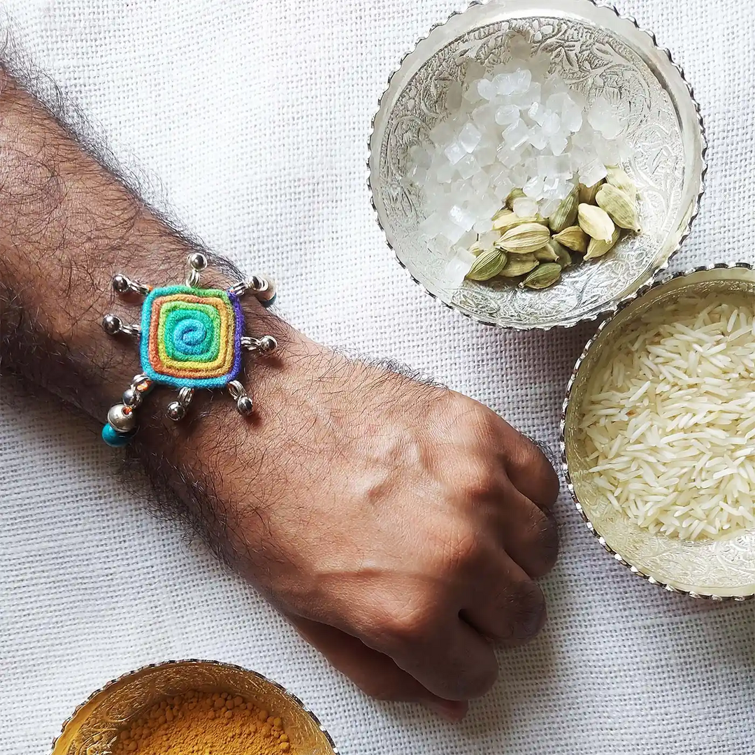 Handmade Dori Work Beaded Multicolor Rakhi With Roli Chawal - Worn on Wrist Model