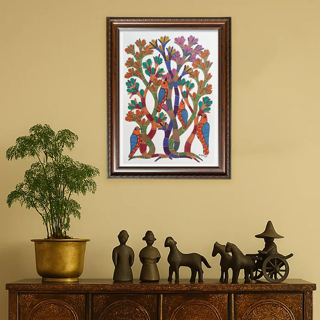 11 x 16 Inch | Birds & Nature | Original Hand Painted Tribal Gond Art Painting | Acrylic Paint On Paper