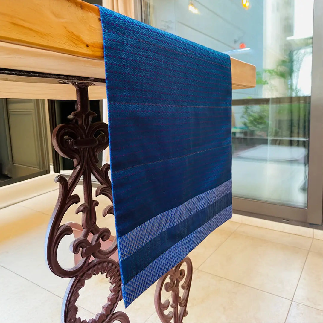 Handmade Blue Geometry Pattern Khunn Fabric Cotton Table Runner | 12 x 60 Inch