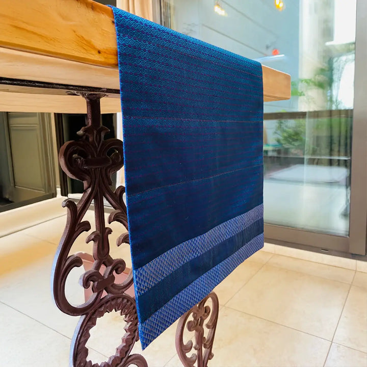 Handmade Blue Geometry Pattern Khunn Fabric Cotton Table Runner | 12 x 60 Inch