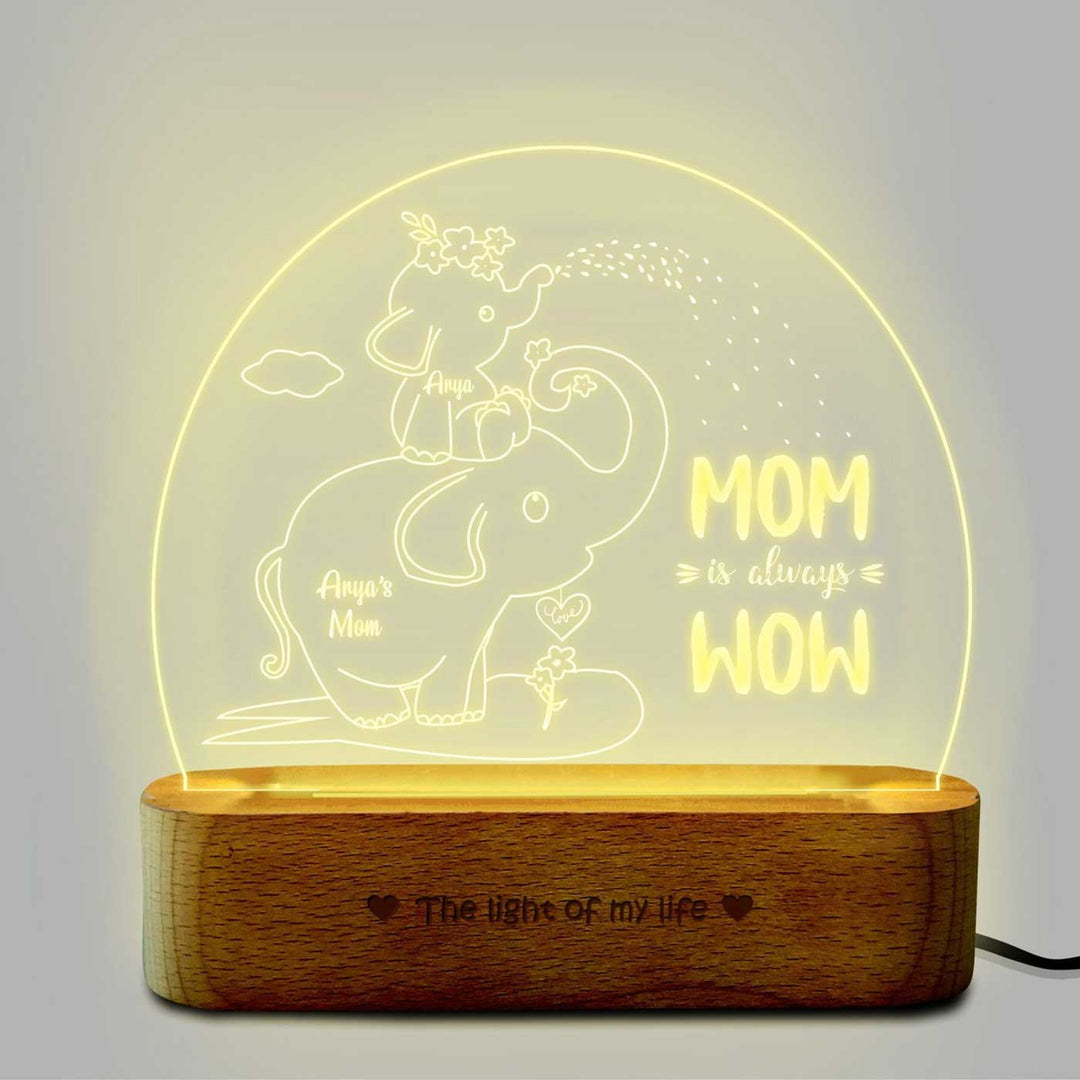 Personalized Elephant Theme "Mom Is Always Wow" Engraved Acrylic Lamp For Mothers