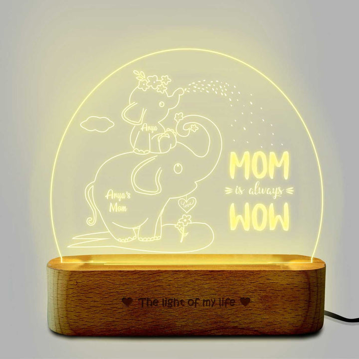 Personalized Elephant Theme "Mom Is Always Wow" Engraved Acrylic Lamp For Mothers
