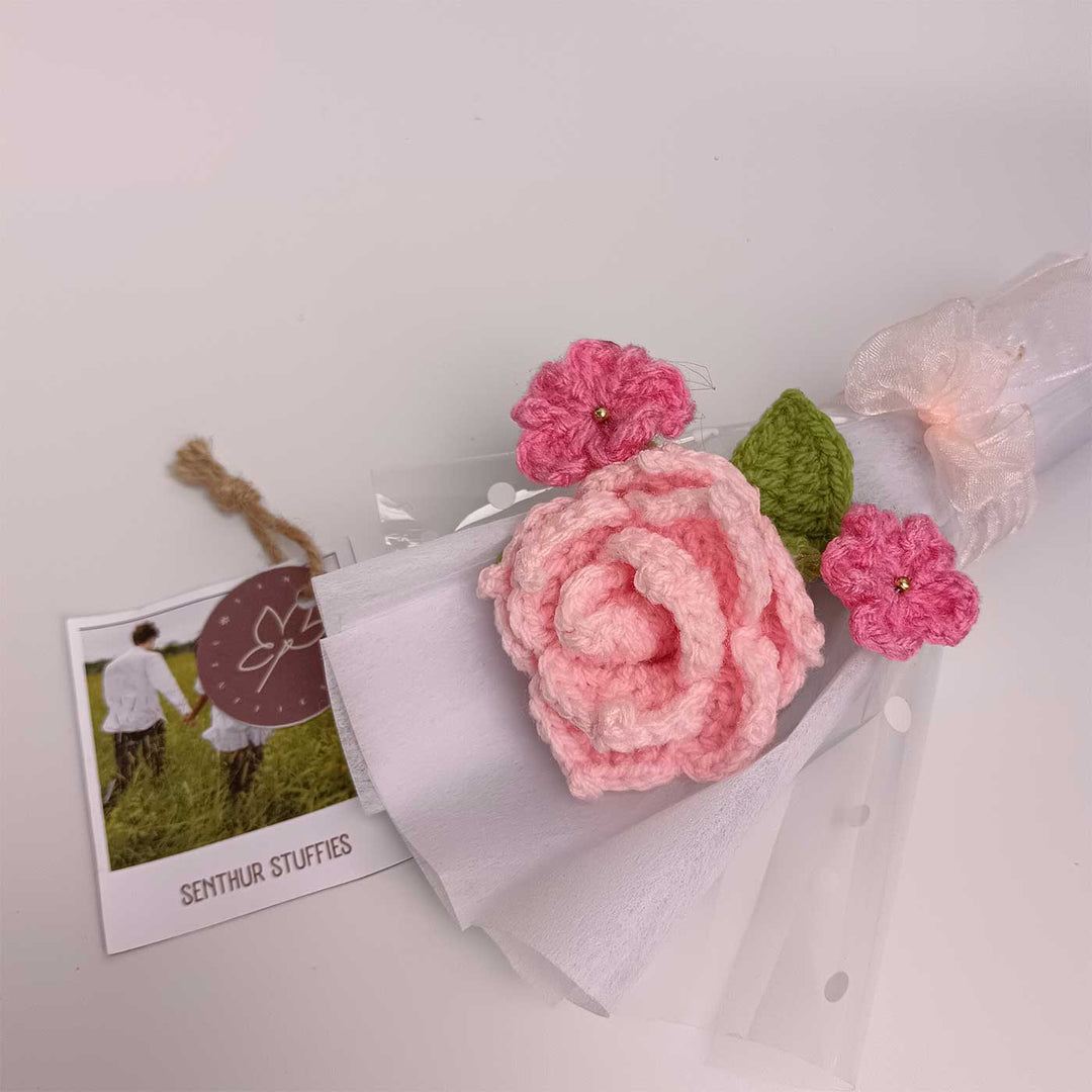 Handmade Crochet Light Pink Rose Mini Flower Bouquet | Includes Photo & Greeting Card