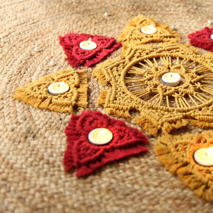 Handmade Macrame Rangoli Design Cotton Tealight Holder | Includes 1 Center Piece, 8 Small Pieces And 10 Tea Light Candles