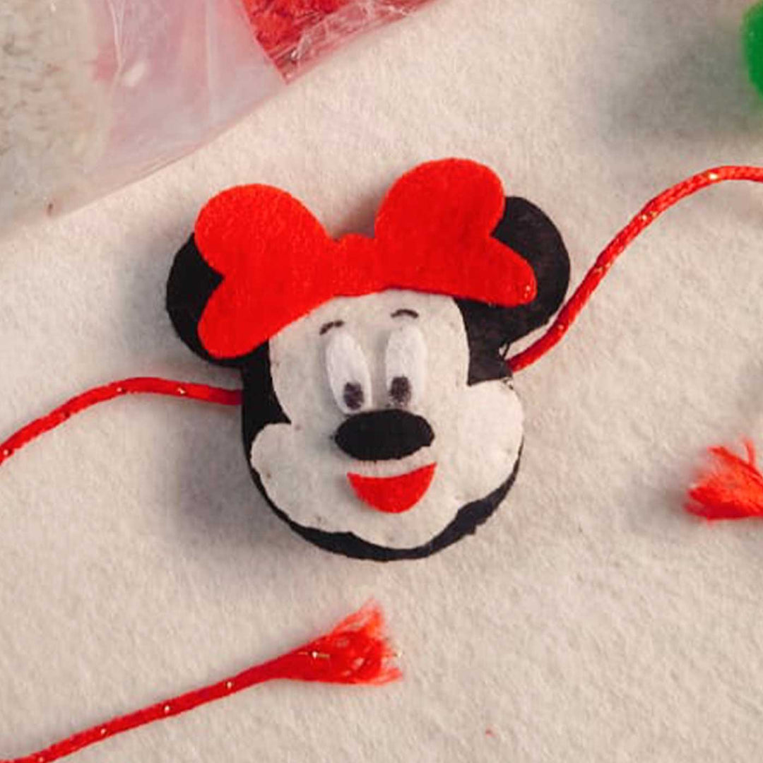 Handmade Beaded Mickey Mouse Theme Pom Pom Felt Rakhi With Roli Chawal For Kids - Front View Close-up